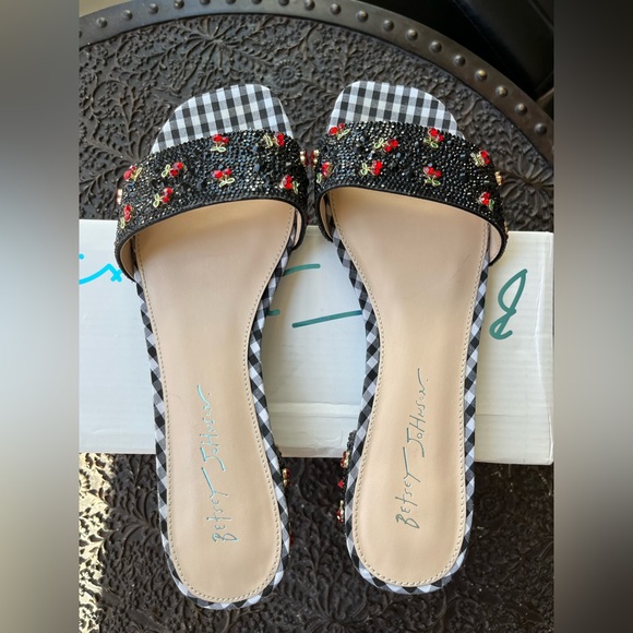 BETSEY JOHNSON GABY GINGHAM MULTI CHERRY SLIDES 8.5 - Picture 5 of 8